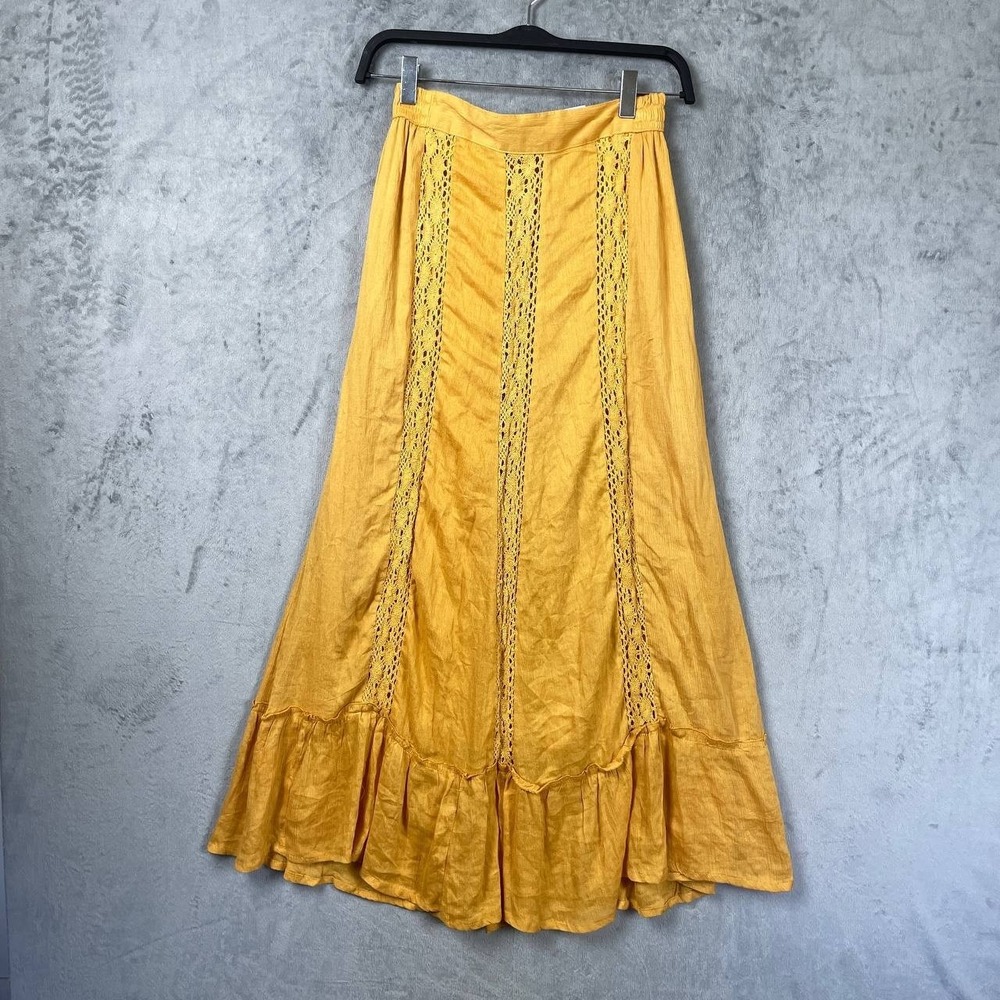 Mustard 100% Rayon A-Line Maxi Skirt Small Ruffle Flowy Boho NWT